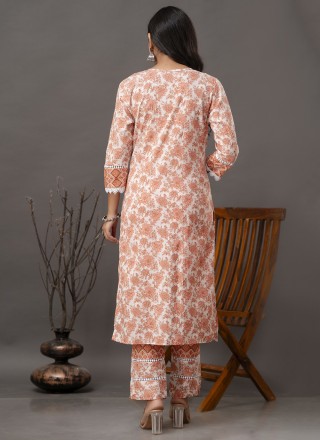 Peach Embroidered Cotton Pant Style Suit