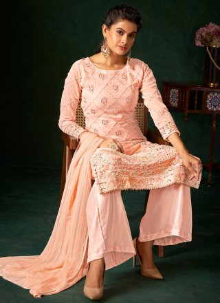 Peach Georgette Salwar Suit with Embroidered and Sequins Work for Ceremonial