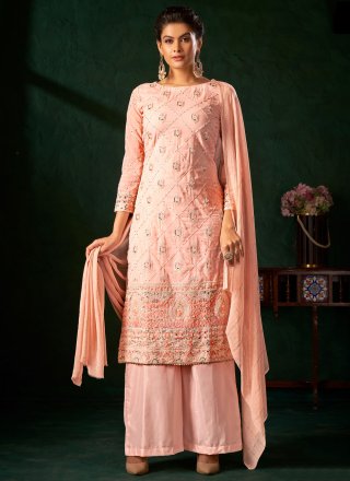Peach Georgette Salwar Suit with Embroidered and Sequins Work for Ceremonial