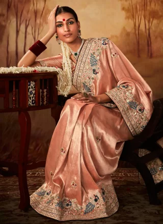 Peach Kanjivaram Silk Embroidered, Sequins and Weaving Work Designer Sari