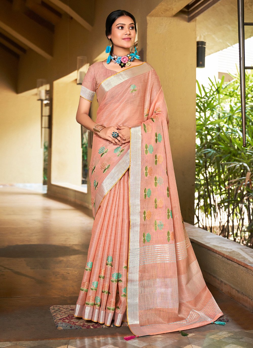 Charming Peach Colored Designer Saree