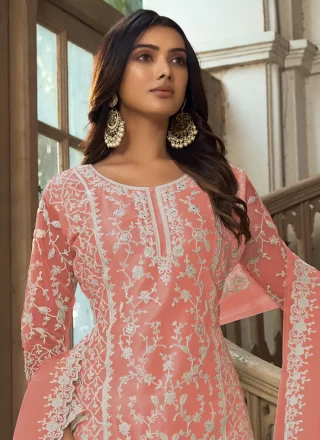 Peach Net Embroidered and Resham Work Salwar Suit for Ceremonial