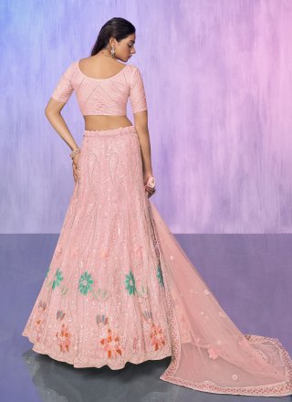 Peach Net Lehenga Choli with Embroidered and Resham Work for Reception