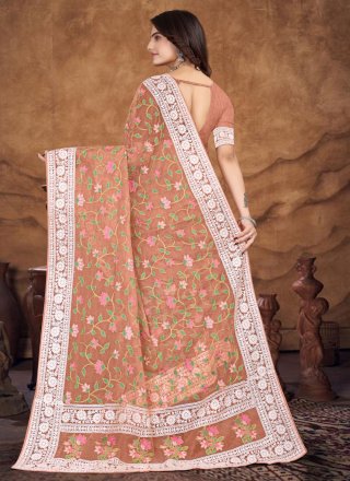 Peach Organza Embroidered and Resham Work Contemporary Saree for Women