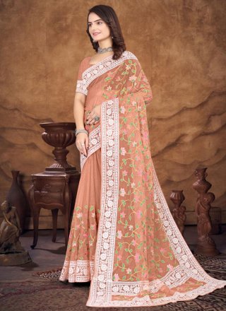 Peach Organza Embroidered and Resham Work Contemporary Saree for Women