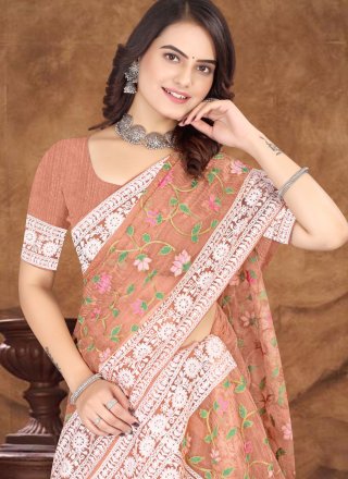 Peach Organza Embroidered and Resham Work Contemporary Saree for Women