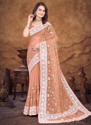 Peach Organza Embroidered and Resham Work Contemporary Saree for Women