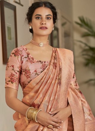 Peach Organza Traditional Saree with Digital Print, Weaving and Zari Work for Women