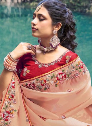 Peach Organza Trendy Saree with Embroidered Work