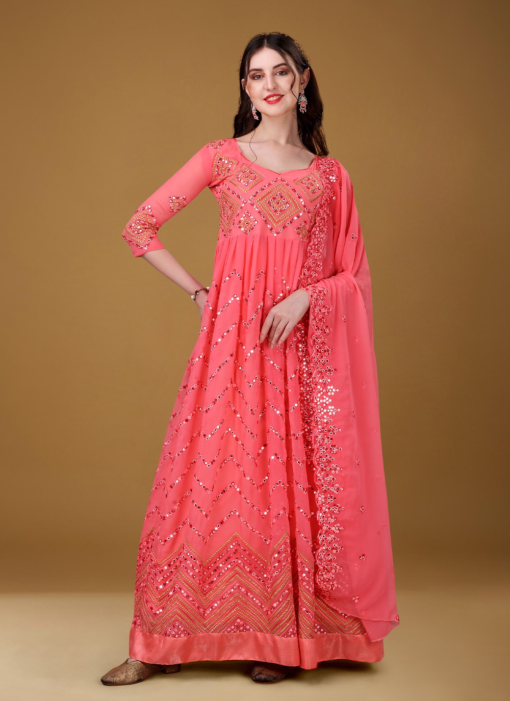 Buy Peach Party Faux Georgette Long Length Anarkali Salwar Suit - Main Image