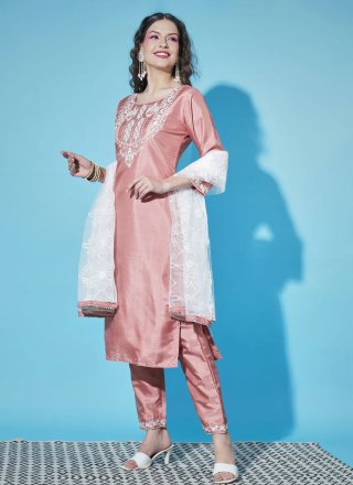 Peach Silk Blend Readymade Salwar Suit with Embroidered Work for Ceremonial