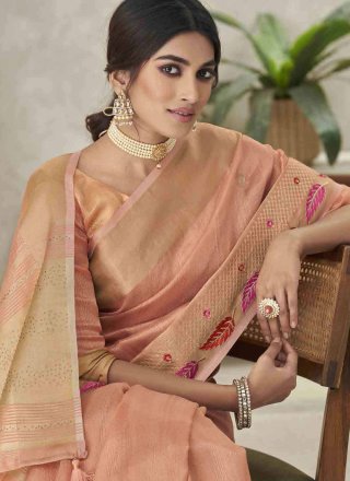 Peach Silk Classic Saree with Embroidered Work