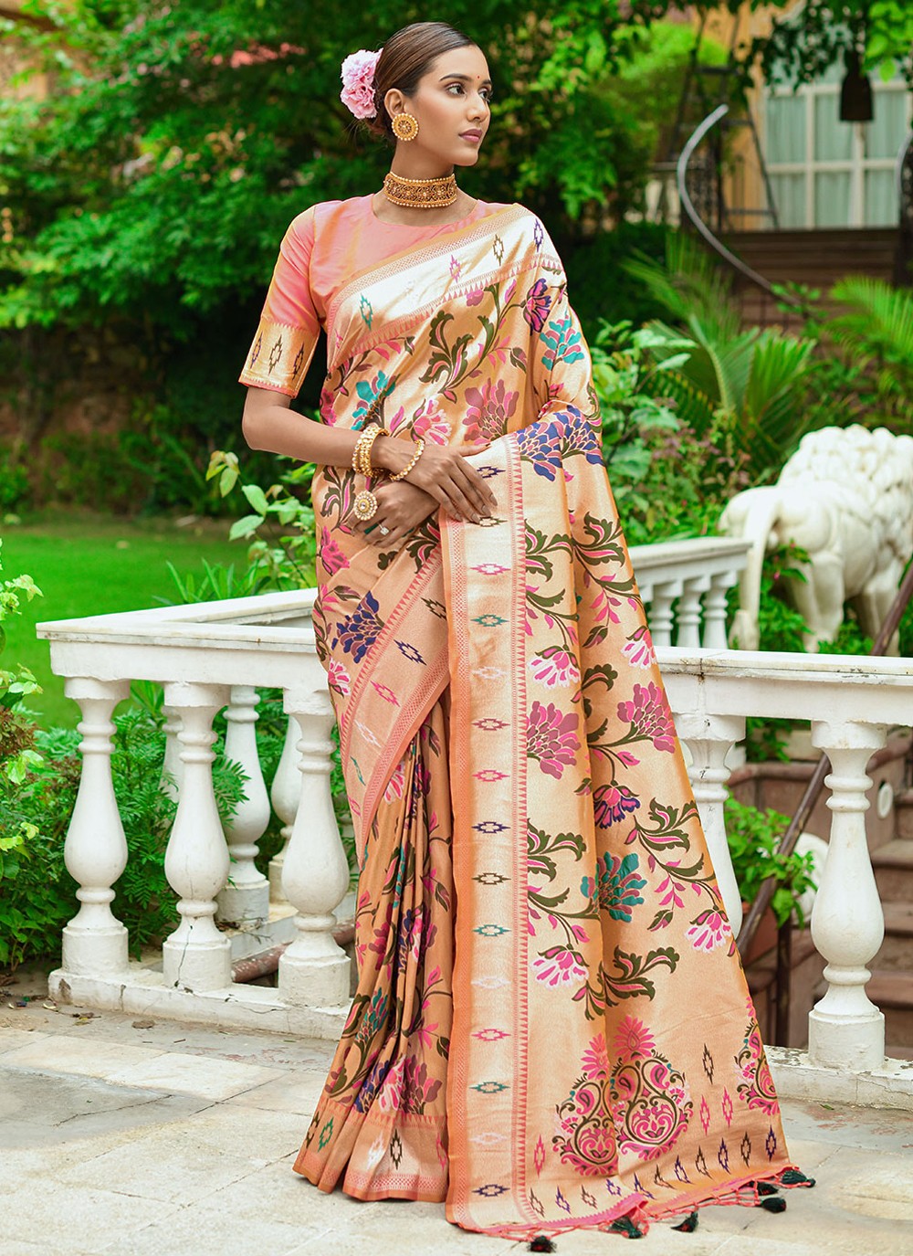 Saree Mall Peach Printed Saree With Unstitched Blouse