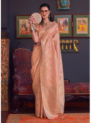 Peach Weaving Handloom silk Saree