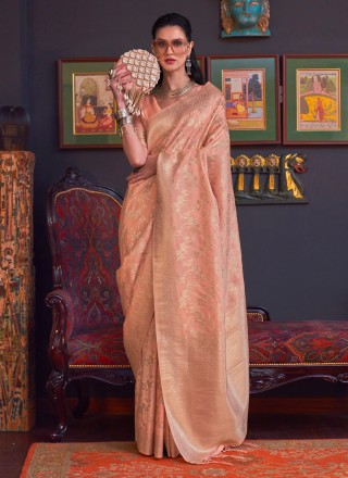 Peach Weaving Handloom silk Saree