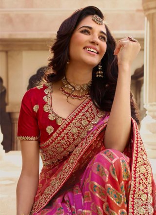 Pink and Red Chanderi Embroidered and Patch Border Work Classic Sari