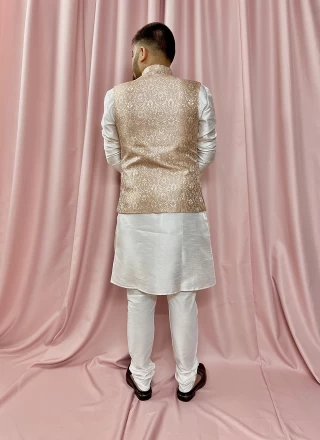 Pink and White Wedding Jacquard Kurta Payjama With Jacket