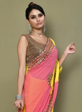 Pink and Yellow Engagement Georgette Contemporary Saree