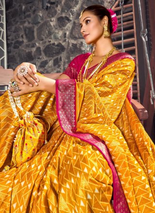 Pink and Yellow Tussar Silk Trendy Saree with Foil Print Work for Women