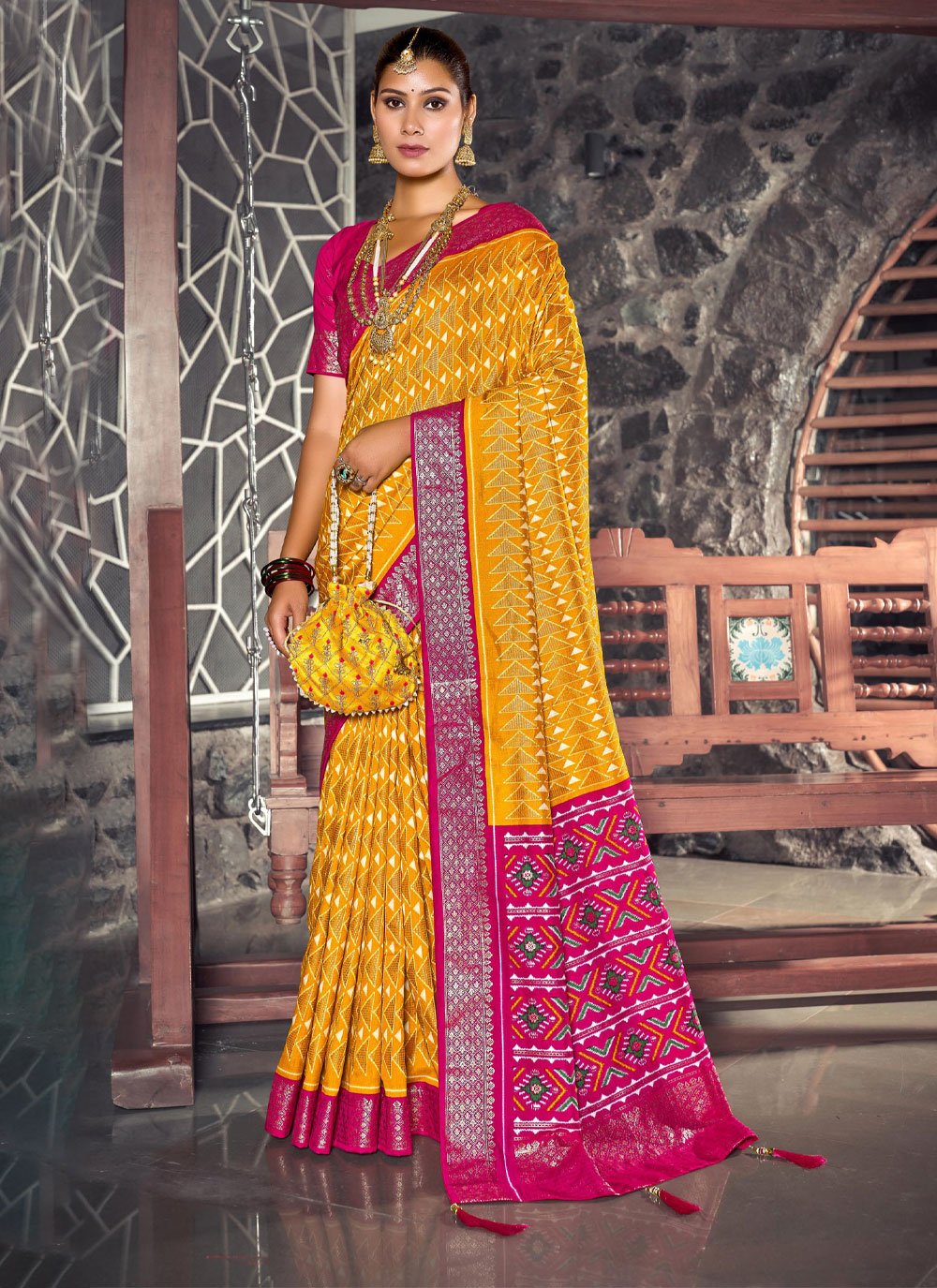 Yellow pink handwoven maheshwari cotton silk saree – GoCoop