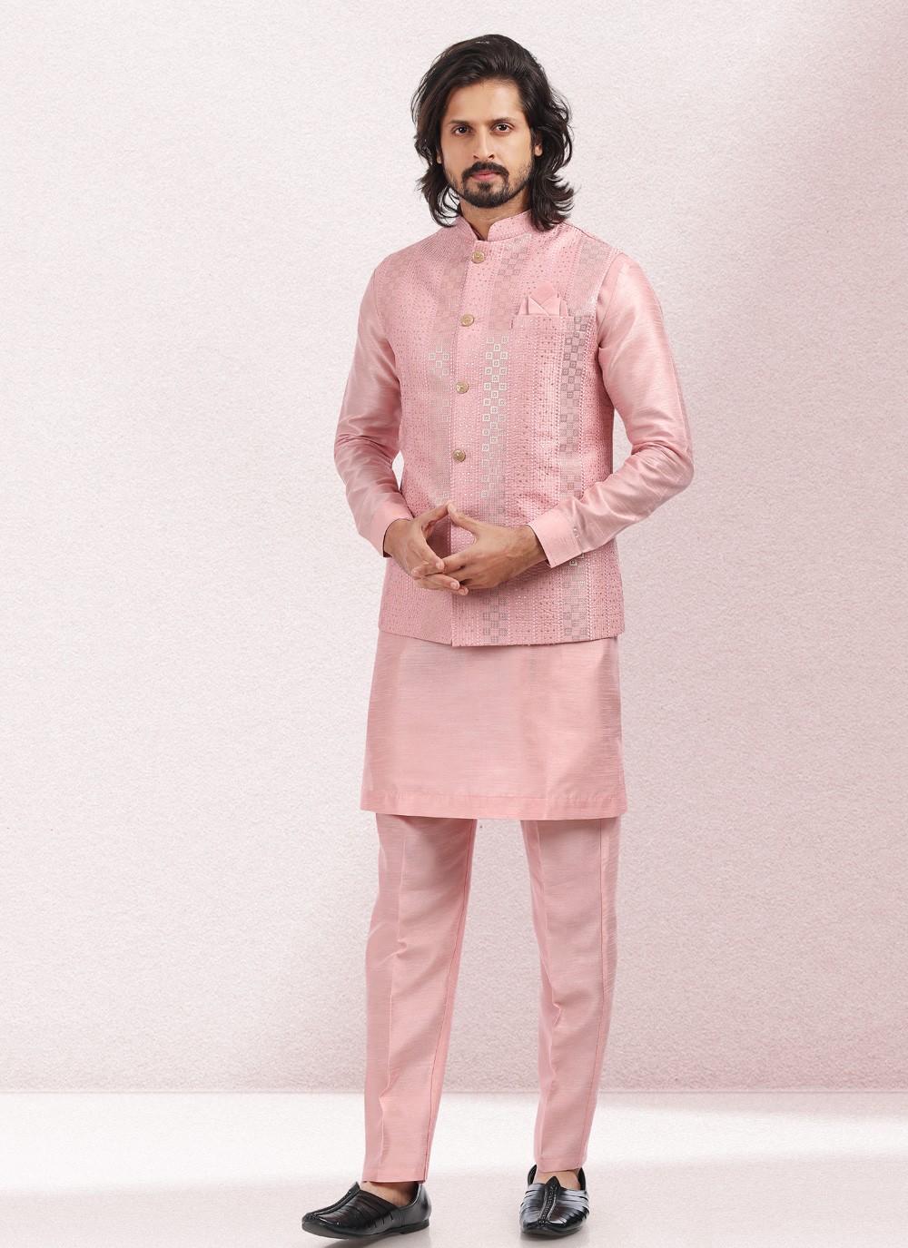 Pink Art Banarasi Silk Kurta Payjama With Jacket