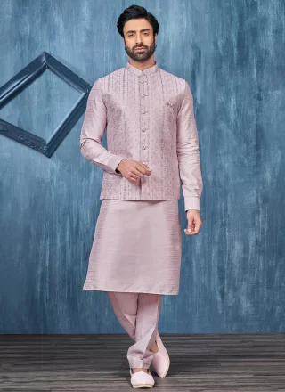 Pink Art Banarasi Silk Kurta Payjama with Jacket with