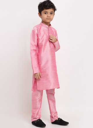 Pink Art Dupion Silk Plain Work Kurta Pyjama for Kid