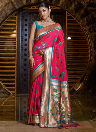 Pink Banarasi Silk Designer Saree with Woven Work for Women