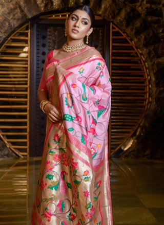 Pink Banarasi Silk Woven Work Contemporary Sari