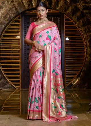 Pink Banarasi Silk Woven Work Contemporary Sari