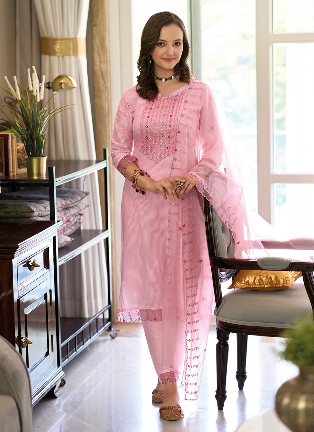 Charming Pink Embroidered Silk Reception Wear Palazzo Suit Online At Zeel  Clothing