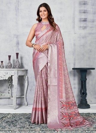 Pink Ceremonial pure-dola Contemporary Style Saree