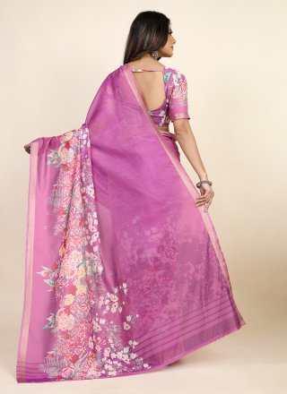 Pink Chanderi Cotton Digital Print Work Printed Saree