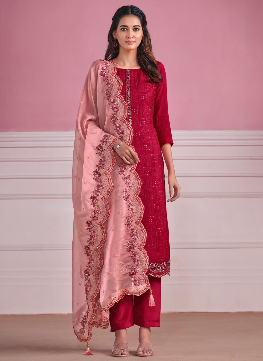 Pink Chiffon Chikankari and Embroidered Work Pant Style Suit for Women