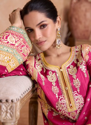 Pink Chinon Palazzo Salwar Suit with Embroidered, Resham and Zari Work