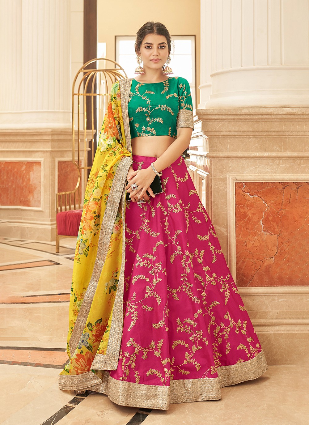 Pink & Golden Color Half Raw Silk & Half Net Designer Lehenga Sarees : –  Styleyug