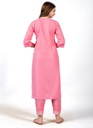 Pink Cotton Embroidered Casual Kurti