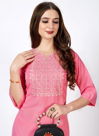Pink Cotton Embroidered Casual Kurti