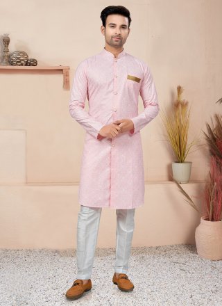 Pink Cotton Indo Western with Lace Work for Men