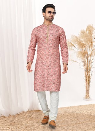 Pink Cotton Kurta Pyjama with Digital Print, Sequins and Thread Work for Men