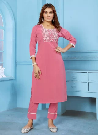 Pink Cotton Party Wear Kurti with Embroidered Work for Casual