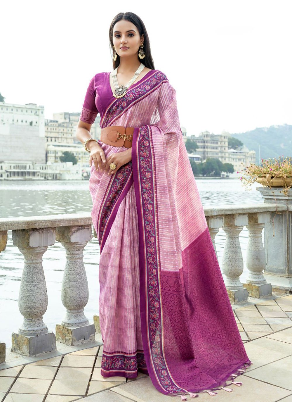 Pink Cotton Saree With Woven Border And Blouse - CHARUPAMA - 3578925