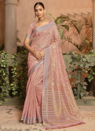 Pink Cotton Silk Contemporary Sari with Embroidered Work