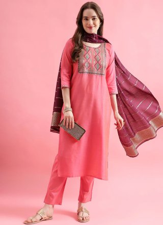 Pink Cotton Silk Embroidered Work Readymade Salwar Suit for Women