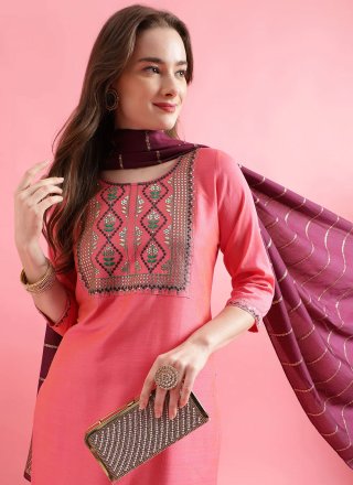 Pink Cotton Silk Embroidered Work Readymade Salwar Suit for Women
