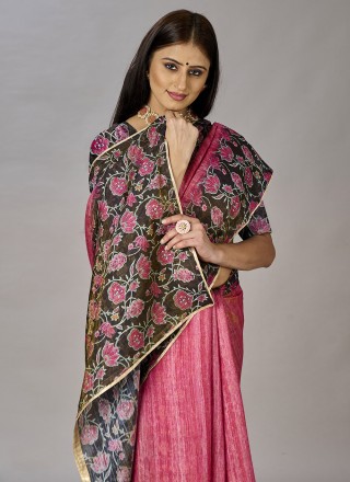 Pink Digital Print Jacquard Silk Classic Designer Saree