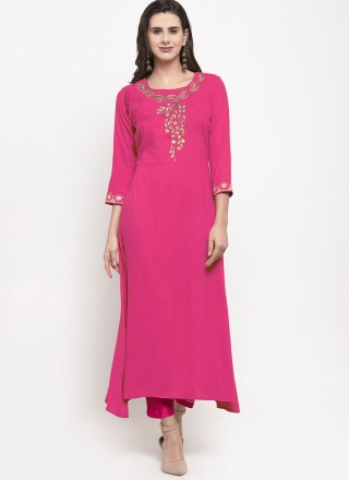 Pink Embroidered Mehndi Designer Kurti