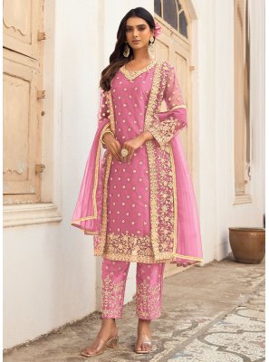 Pink Embroidered Net Trendy Salwar Suit