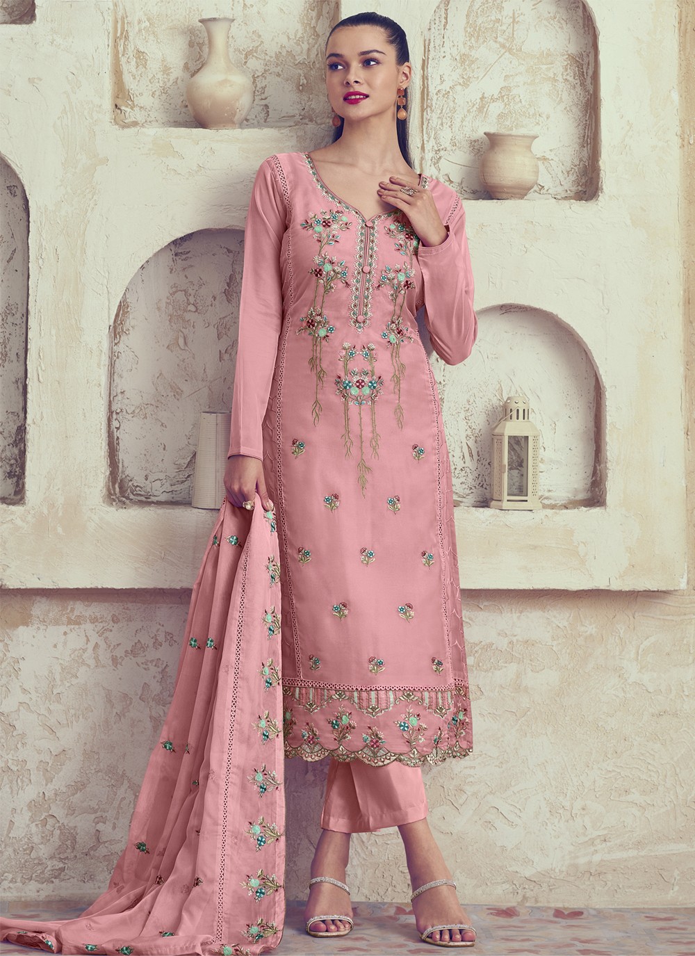 Pink Embroidered Organza Straight Salwar Suit