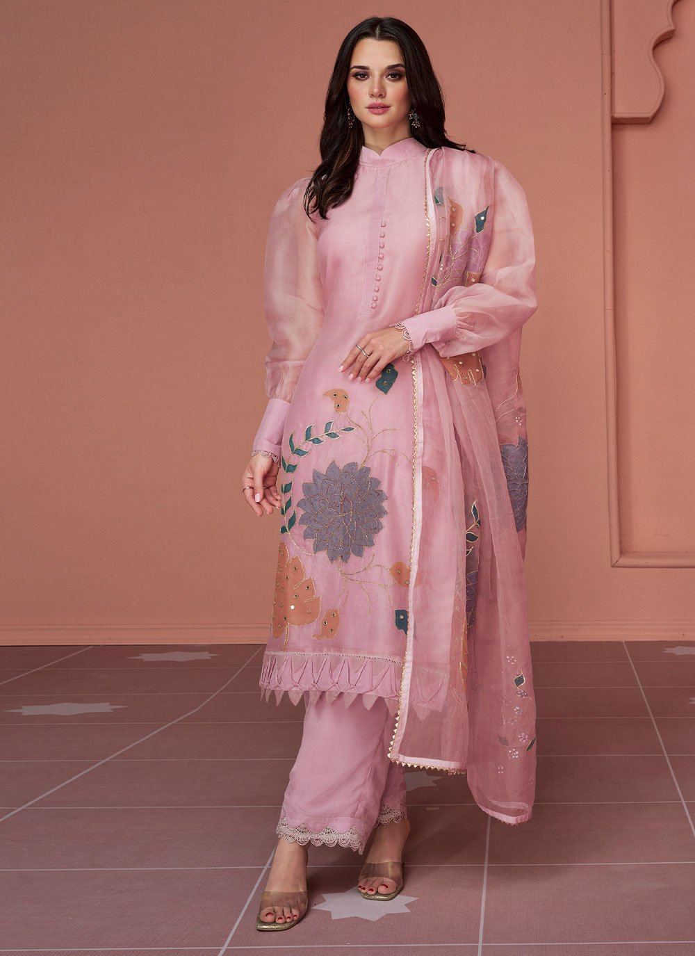 Pink Embroidered Organza Trendy Salwar Kameez